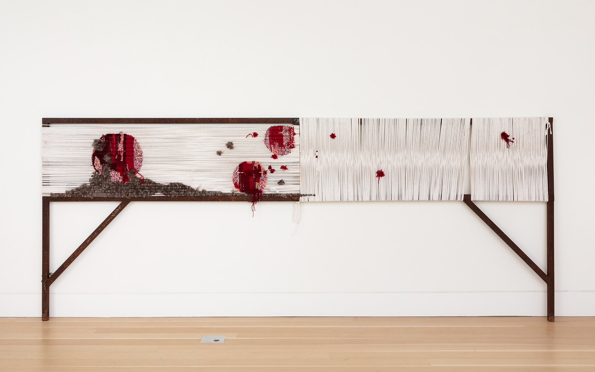 MARKING TIME, 2021 cotton, wool, steel armature, 46 x 116 1/4 x 2 inches Jenny Gorman photography