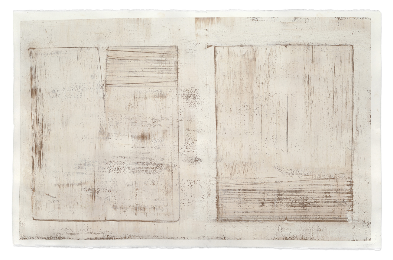RESONANT REMAINS III, 2013 black clay, porcelain, grog, graphite on paper, 26 x 40 in