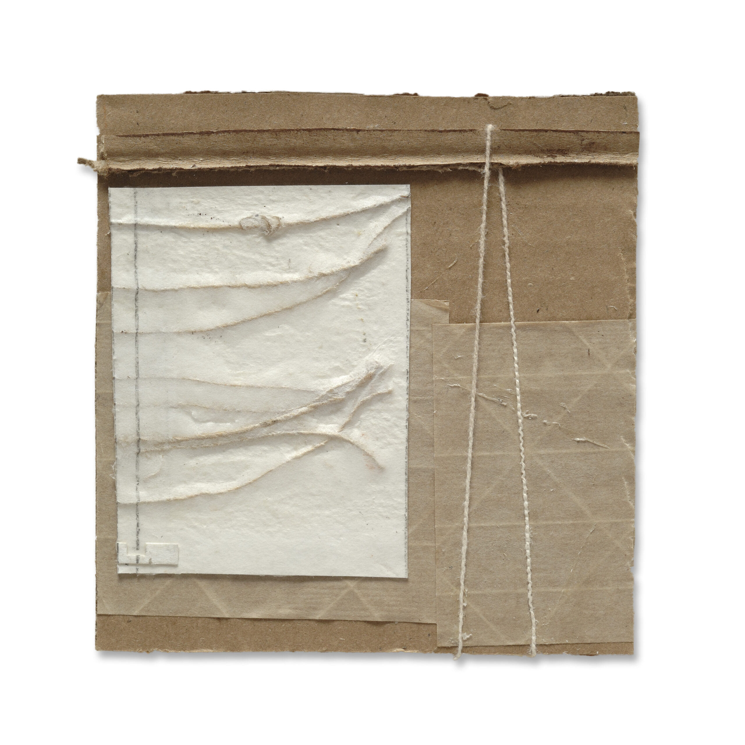 UNTITLED (TR632), 2015 hemp thread, cotton thread, paper, paper tape, porcelain, grog on corrugated board, 4 3/4 x 4 1/2 inches