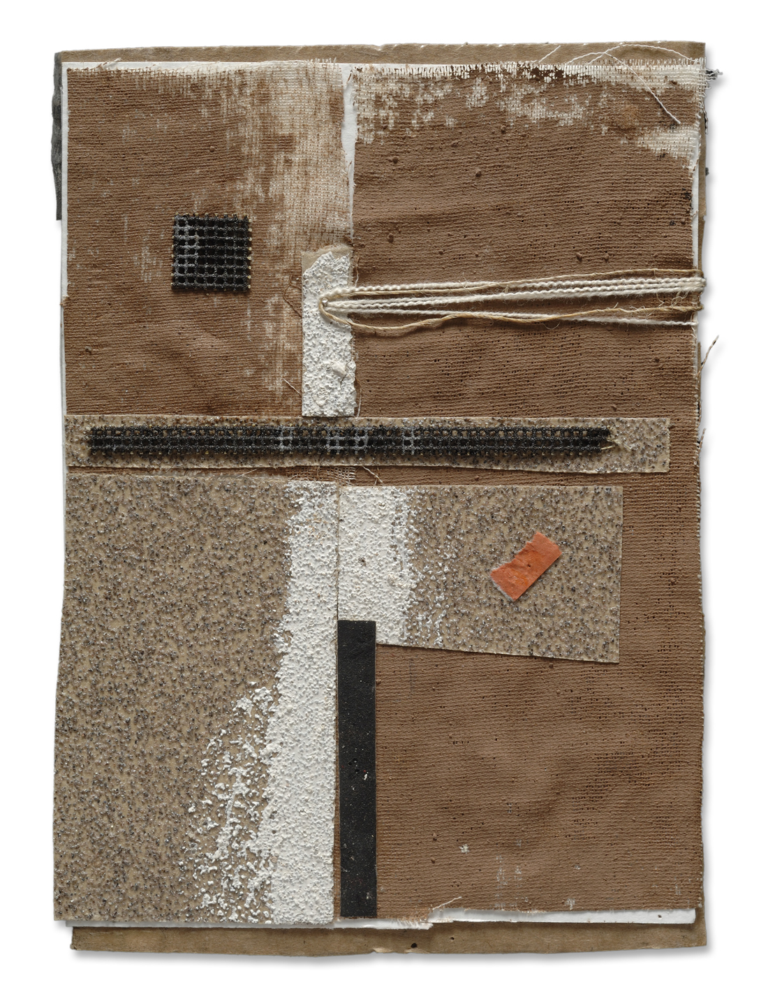 UNTITLED (TR671), 2015 canvas thread, cotton, hemp thread, cheese cloth, porcelain, black slip, oil pastel, metal pin, sand paper, paper, dry wall screen on corrugated board, 7 x 5 inches
